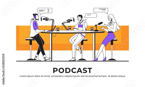 Podcast interview. Blogger or radio host interviewing guest and streaming online, broadcast interview concept. Vector image podcast recording internet or radio show