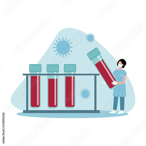 Flat vector illustration of doctor with test tube of blood test   isolated on blue background. Template for website, landing page, banner 