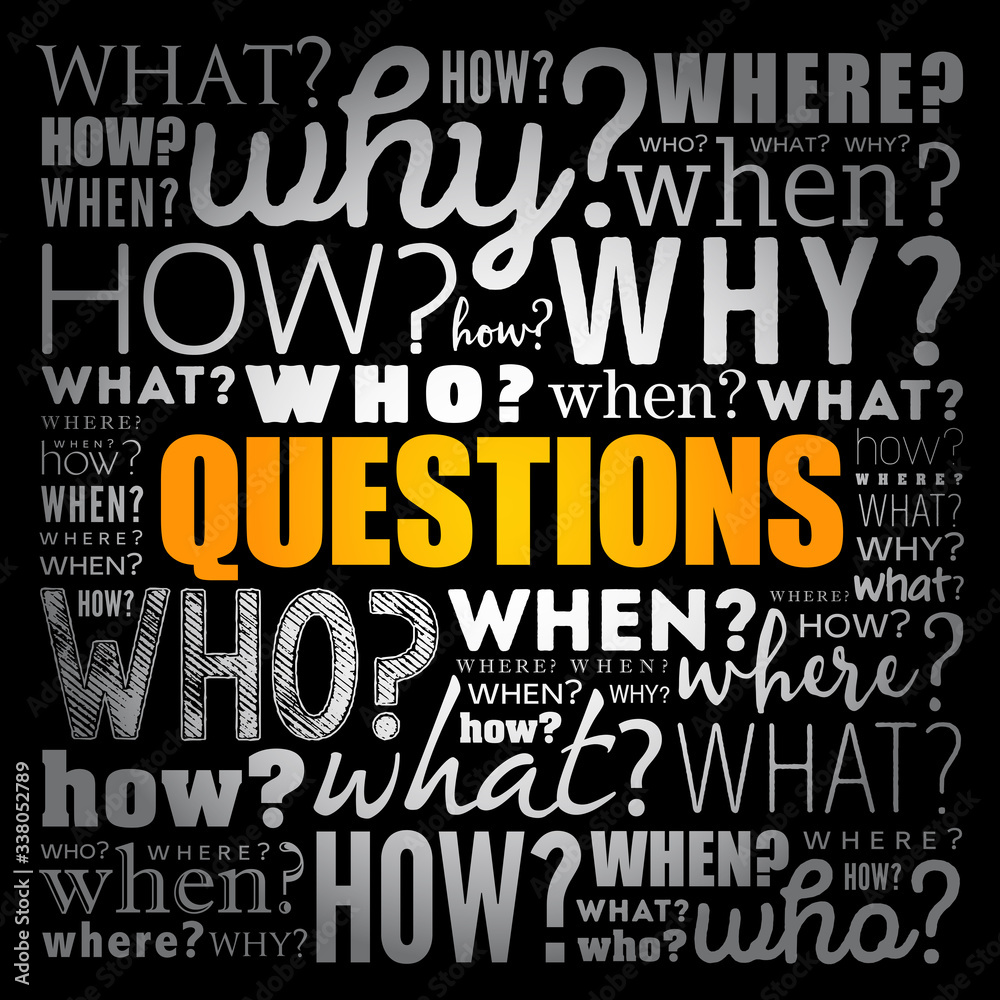 Questions whose answers are considered basic in information gathering or problem solving, word cloud background