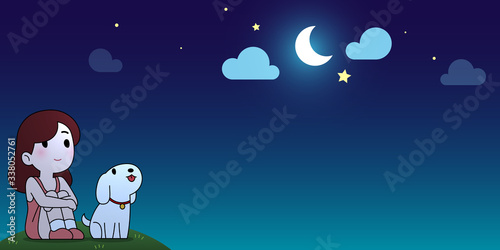 Girl and puppy sitting and look up to the moon in night sky cartoon background with copy space