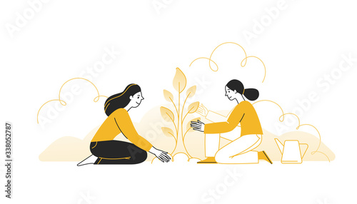 Vector illustration in flat cartoon simple style with characters - women planting a small tree