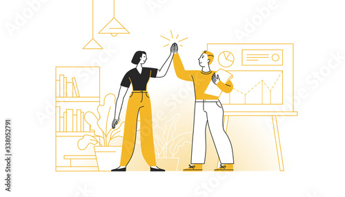 Vector illustration in flat cartoon simple style with characters - teamwork and successful partnership concept