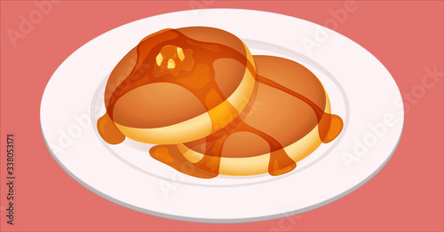 アイソメトリック　ホットケーキ　パンケーキ　メープルシロップ　お皿　イラスト