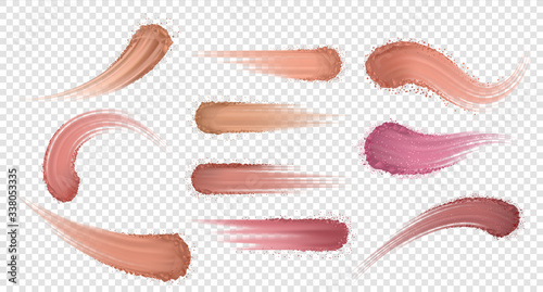 Makeup powder. Realistic eyeshadow and blusher swatch, skin tone shadows. Vector set swatches of dry powder isolated on transparent background for emphasize nature eye beauty