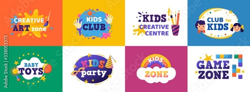 Kids club banner. Children play zone and kids toys signs, colorful fun badges for toy store, education room clubs and entertainment zone. Vector illustration logo child party set