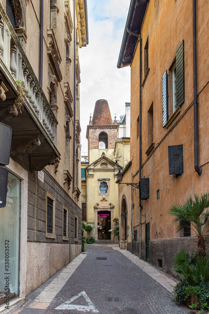 Quiet streets of the old city of Verona. Vicolo S. Matteo street corner in Verona, Italy