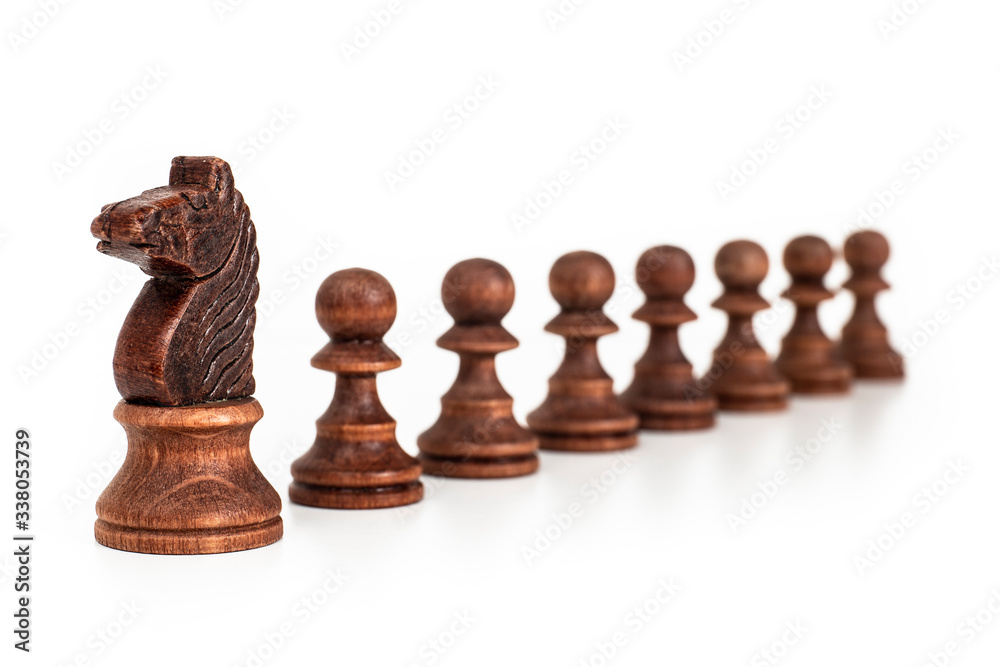 Chess pieces - Black knight with pawns in a row. Still-life photo taken on studio with white background and softbox. Leadership concept. Chess pieces - Black knight with pawns in a row. Still-life photo taken on studio with white background and softbox. Leadership concept.