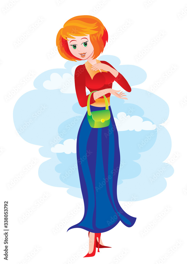 elegant woman in a skirt stands with a small green bag in her hands, isolated object on a white background, vector illustration, elegant woman in a skirt stands with a small green bag in her hands, isolated object on a white background, vector illustration,