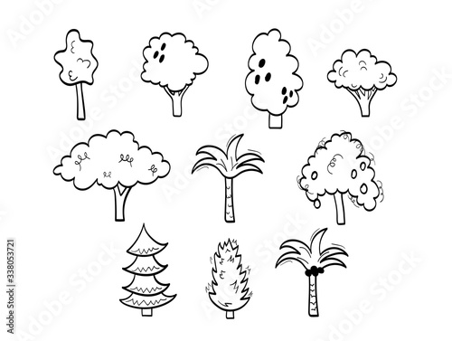 Cartoon tree set with hand drawn elements isolated on white background. Flat trees doodle design. Simple nature silhouettes outlines vector illustration. Mango tree, spruce, asian, european trees.