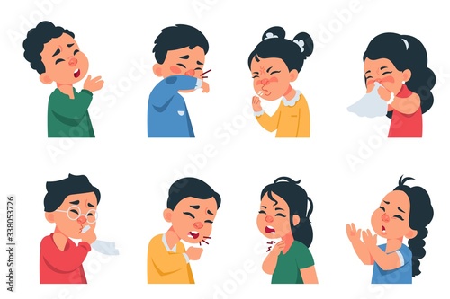 Sneezing kids. Cartoon boys and girls characters coughing and catching flu, coronavirus disease symptoms and prevention concept. Vector kids with virus infection sneezes, cough, headache