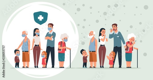 Sick and healthy family. Cartoon healthy and ill characters with symptoms of coronavirus, pneumonia and flu prevention concept. Vector people in medical masks for health protective kids, children