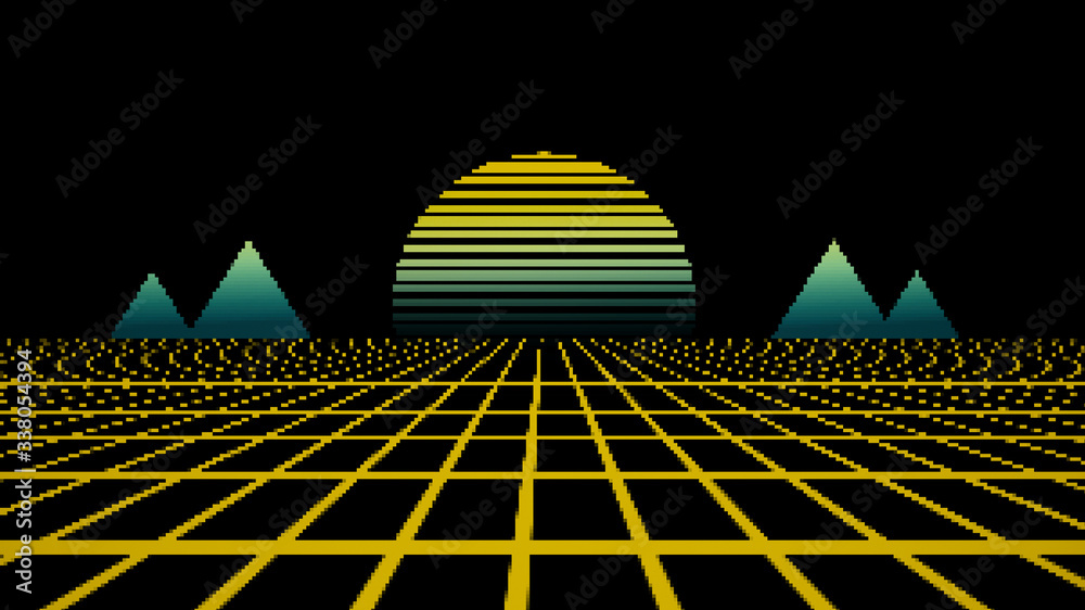 Retro cyberpunk style 80s game scene pixel art 8-bit sci-fi background. Futuristic with laser grid landscape. Digital cyber surface style of the 1980`s. 3D illustration