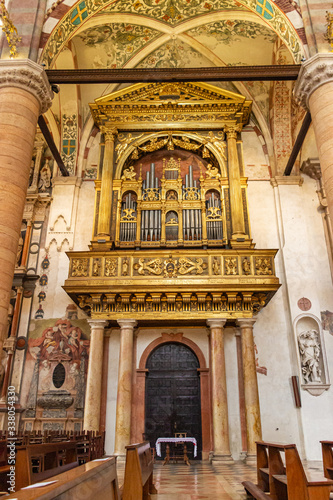 The large organ in interior of Santa Anastasia Church in Verona, Italy. Santa Anastasia is a church of the Dominican Order in Verona, it was built in 1280 -1400