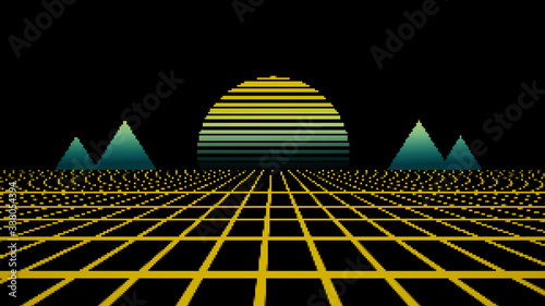 Obraz na płótnie Retro cyberpunk style 80s game scene pixel art 8-bit sci-fi background. Futuristic with laser grid landscape. Digital cyber surface style of the 1980`s. 3D illustration w salonie