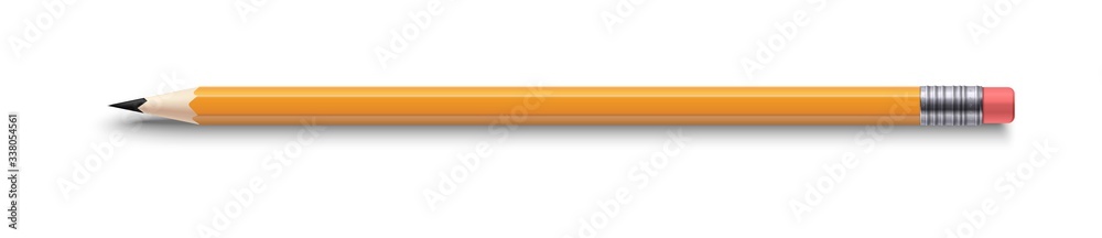 Realistic pencil. 3D sharpened yellow pencil with a red rubber band. Vector graphite wood instrument for study in university, work in office and drawing Realistic pencil. 3D sharpened yellow pencil with a red rubber band. Vector graphite wood instrument for study in university, work in office and drawing