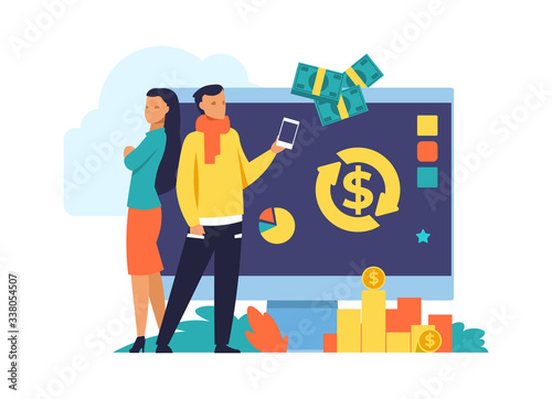 Money cashback and transfer flat illustration. Debit, credit card or electron wallet pays. Vector illustrator concept rewarded for using online banking transfer