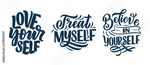 Set with selfcare lettering quotes for blog or sale. Time to something nice. Beauty, body care, premium cosmetics, delicious, ego. Modern calligraphy. Vector design prints