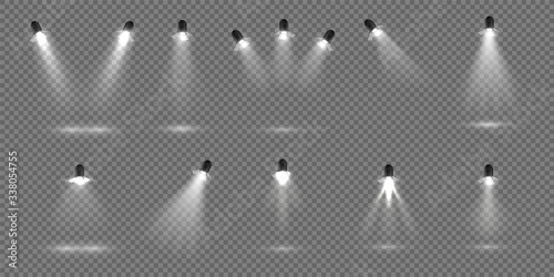 Spotlight for stage. Realistic floodlight set. Illuminated studio spotlights for stage. Vector illustration stage lighting effect for theater or concert backdrop photo
