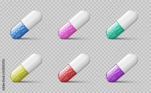 Different pills. Color medical capsules. Realistic 3d medicine drugs with granules of therapeutic substance. Vector isolated illustration healthcare pharmacy vitamins tablets on transparent background