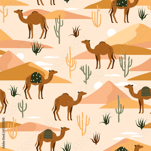 
Seamless pattern with camels, dunes and cacti. Cute illustration of an animal in the desert.
Camel Caravan in the Sands