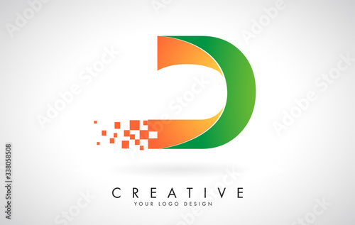 Letter D Logo Design in Bright Colors with Shattered Small blocks on white background.