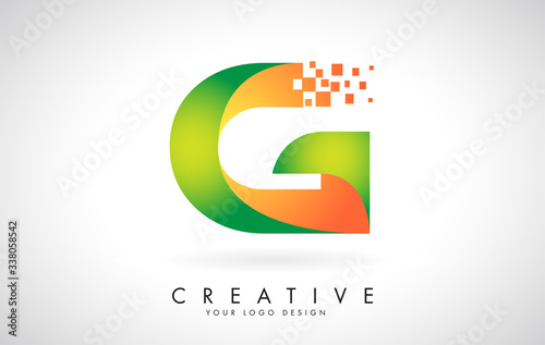 Letter G Logo Design in Bright Colors with Shattered Small blocks on white background.