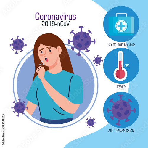 coronavirus 2019 ncov infographic and woman with coughing and icons vector illustration design