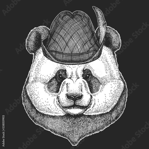 Big panda, bamboo bear portrait. Oktoberfest. Tirol traditional hat. Beer festival. Face of cute animal. Bear head.