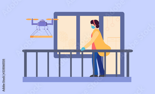 Drone delivers parcel, purchase of food, medicine in box to balcony. Woman in protective mask during quarantine of covid-19 coronavirus. Girl on self-isolation. Contactless delivery.