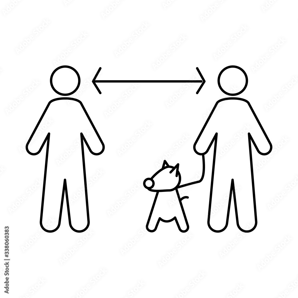 Maintain social distance while walking with dog on leash outside. Owner dog is far from passerby. Vector thin line outline linear illustration. Walk with animal during quarantine coronavirus covid-19 Maintain social distance while walking with dog on leash outside. Owner dog is far from passerby. Vector thin line outline linear illustration. Walk with animal during quarantine coronavirus covid-19