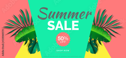 summer sale special offer banner design with tropical leaves on geometric background