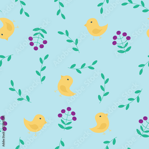 Abstract seamless pattern in scandinavian style with birds, flowers and leaves on a light blue background, raster illustration