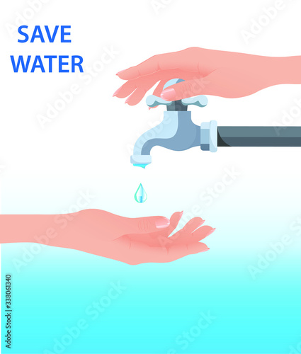 Hand open for drinking tap water. Drink a falling drop. Liquid in the palm. Vector illustration flat design.  Turn on and turn off faucet. Saving water.Water shortage concept.