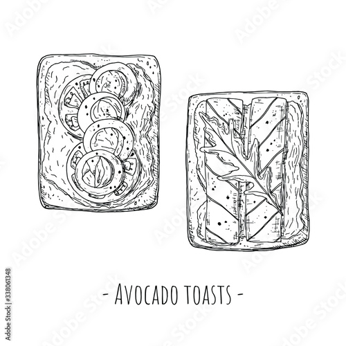Avocado toasts. Top view. Hand-drawn style. Isolated objects on a white background. Vector cartoon illustrations.