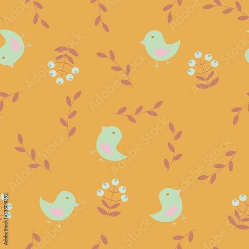 Abstract seamless pattern in scandinavian style with birds, flowers and leaves on a mustard yellow background, raster illustration