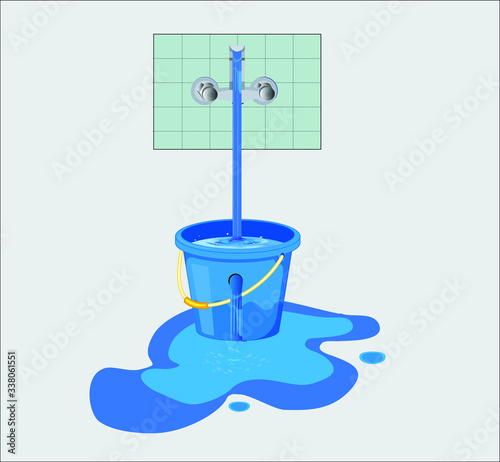 Water waste from running tap. Wastage of  water theme for save water. Spread water on floor from hole bucket.