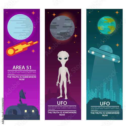vertical banners UFO flying saucer zone 51 alien extraterrestrial intelligence on a night background design concept flat vector illustration