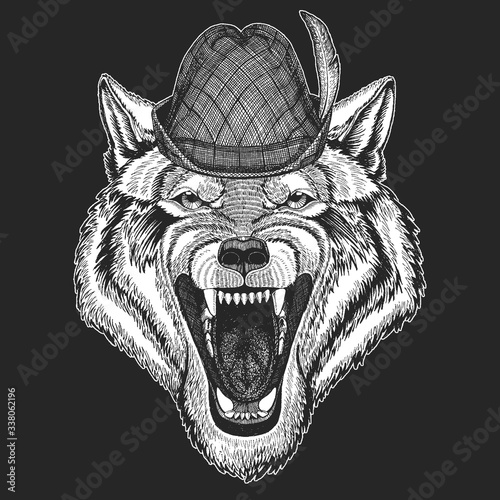 Wolf portrait. Oktoberfest. Tirol traditional hat. Beer festival. Head of wild animal.