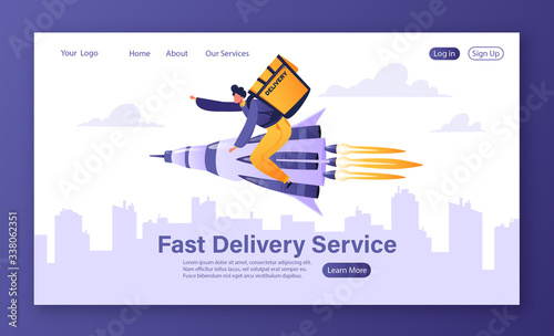 Delivery Service order shipping landing page concept. Courier delivering orders flying on a rocket against background of city landscape. Concept for website or web page. Cartoon flat illustration.