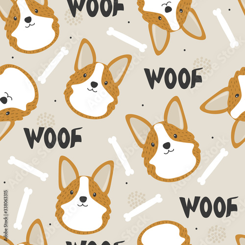 Happy dogs, hand drawn backdrop. Colorful seamless pattern with animals, bones. Decorative cute wallpaper, good for printing. Overlapping background vector. Design illustration