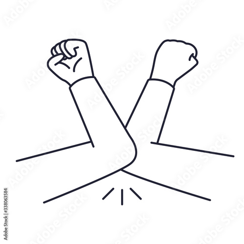 Greeting hit your elbow. Elbow bump. Safe greetings. Methods to prevent transmission of infection, virus, coronavirus, influenza. Coronavirus epidemic protective equipment. No handsh. Flat vector