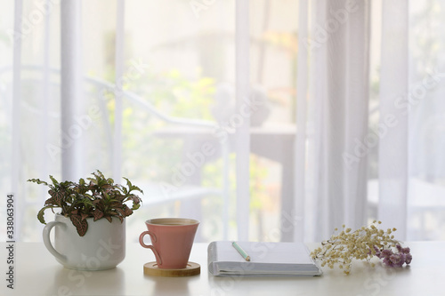 Interior house decor with pink coffee and white notebook and blue pencil and plants with see through curtain  