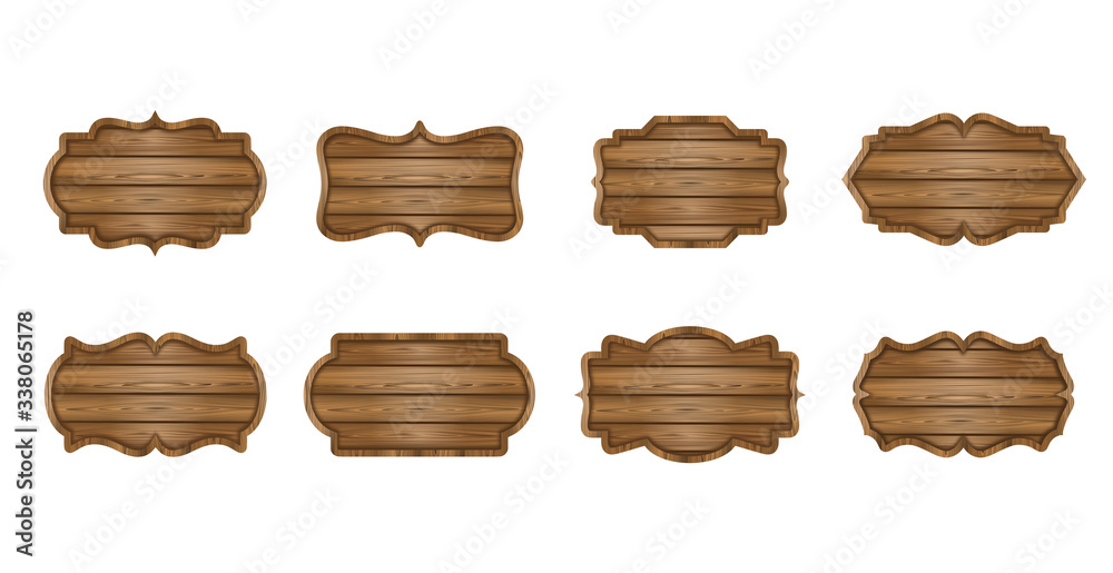 Set of wooden boards. Wooden labels, signboards, banners collection