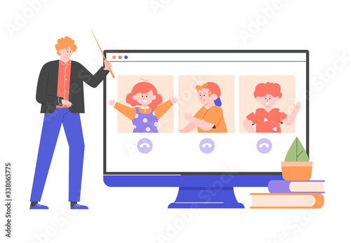 The teacher gives a distance lesson to children. Online education, classroom, video chat. Home schooling and new technologies. Vector flat illustration.