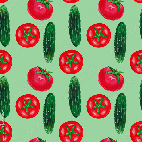 Tomtoes and cucumbers on a green background. Vegetable seamless pattern. photo