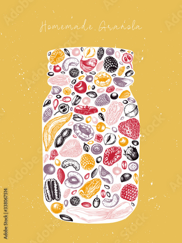 Granola vintage design. Engraved healthy breakfast illustration. Homemade granola with different berries, cereals, dried fruits and nuts frame. Healthy food template with golden and sketched elements.