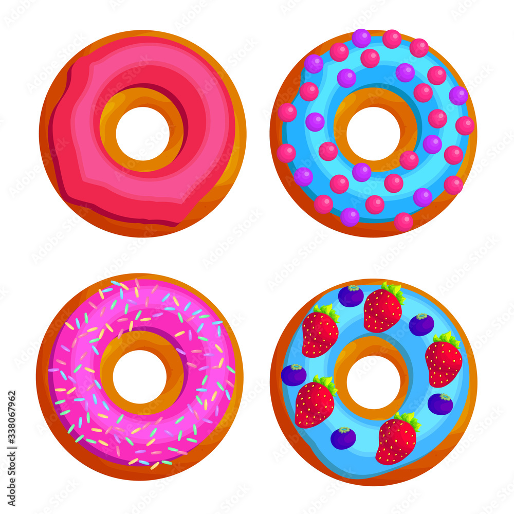 Sweet round doughnuts flat vector illustration set Sweet round doughnuts flat vector illustration set