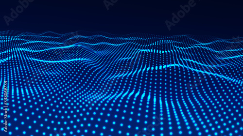 Wave of particles. Abstract background with a dynamic wave. Big data. Futuristic blue vector illustration.