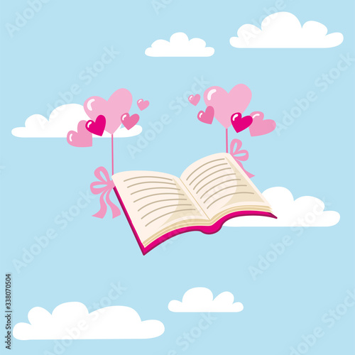 Isolierte Vekorgrafik von einem schwebenden Buch, mit Liebe verschickt, mit rosa Einband und fliegenden Herzen, die mit Schleifen befestigt sind, im Hintergrund ist ein hellblauer Himmel mit Wolken