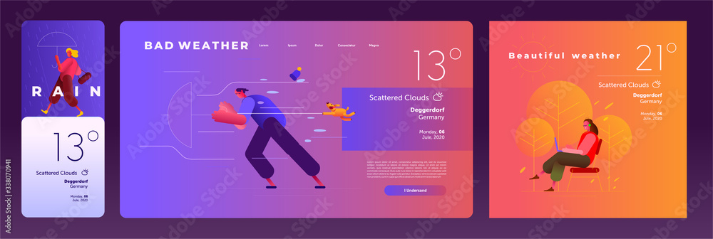 Flat vector illustration. People walk down the street in the rain, as well as wind and sunny weather. Website and mobile app interface.